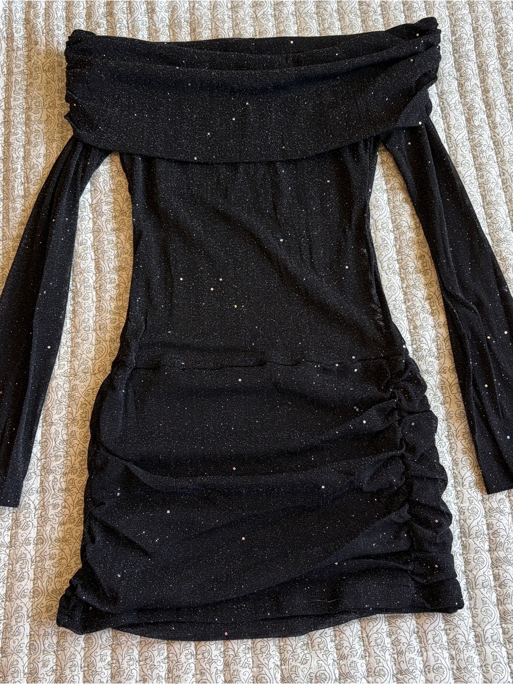 Black Sparkle Off-Shoulder Ruched Mini